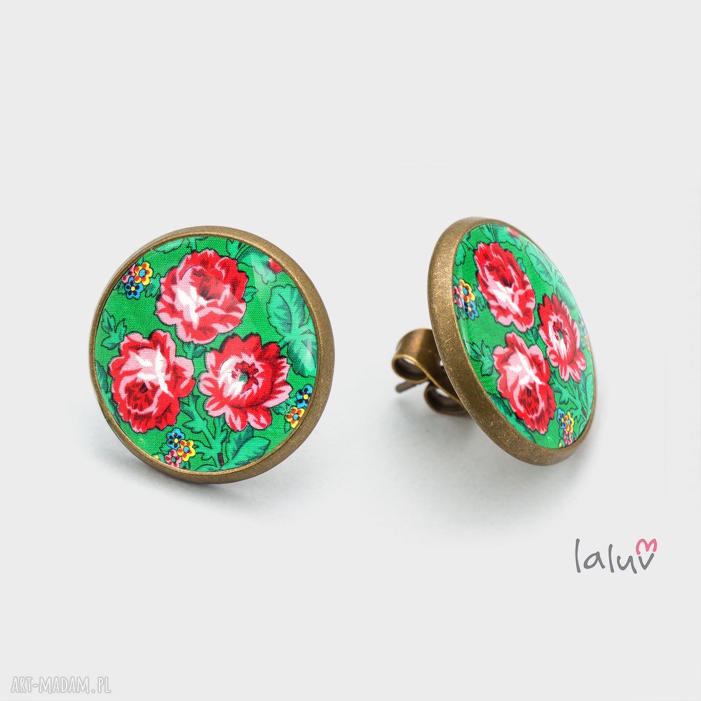 Kolczyki sztyfty GREEN ROSES - ręcznie robione róże w zieleni