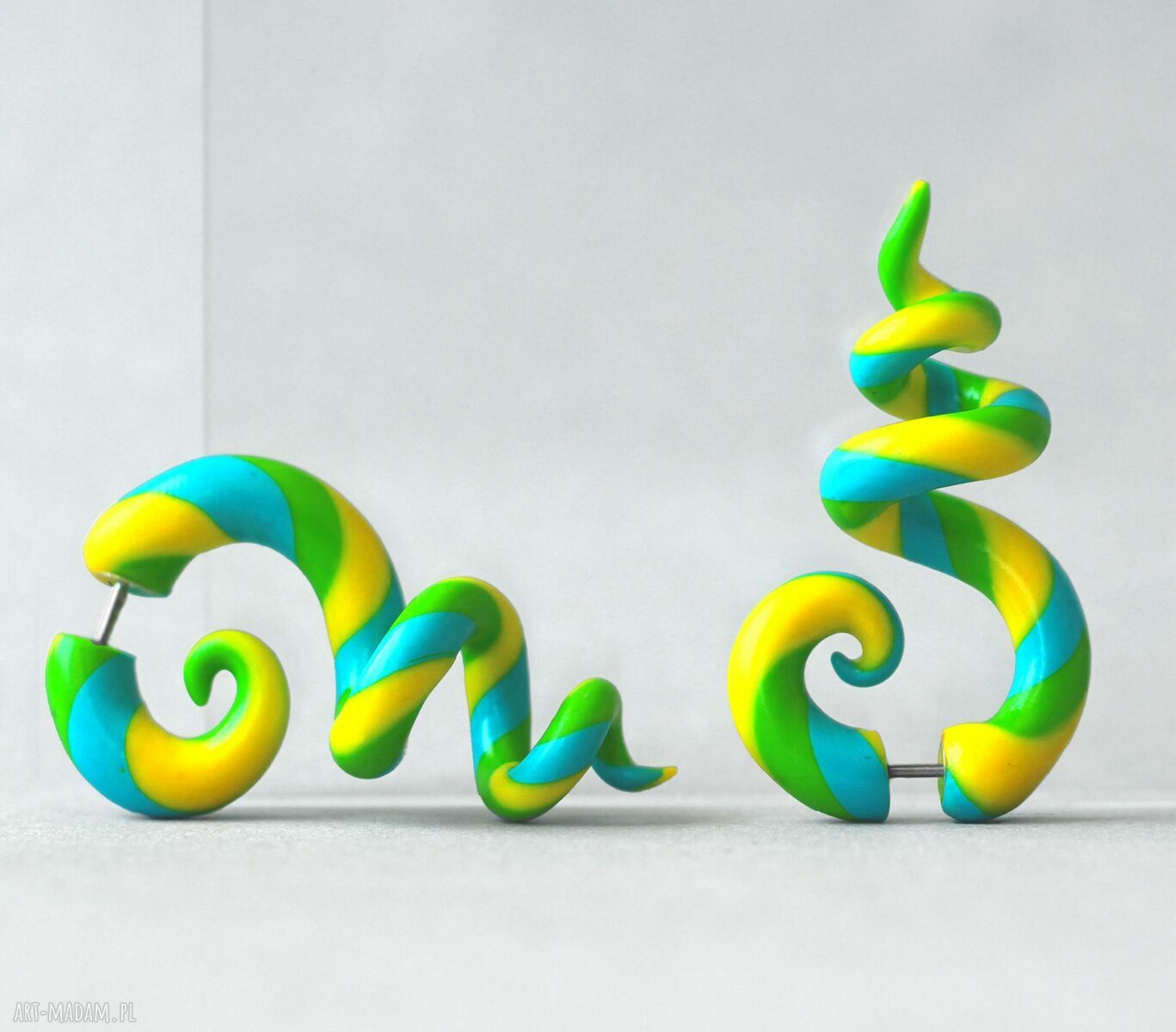 Kolorowe kolczyki spiralki żółto-niebieskie typu fake plug - handmade z srebrem 925