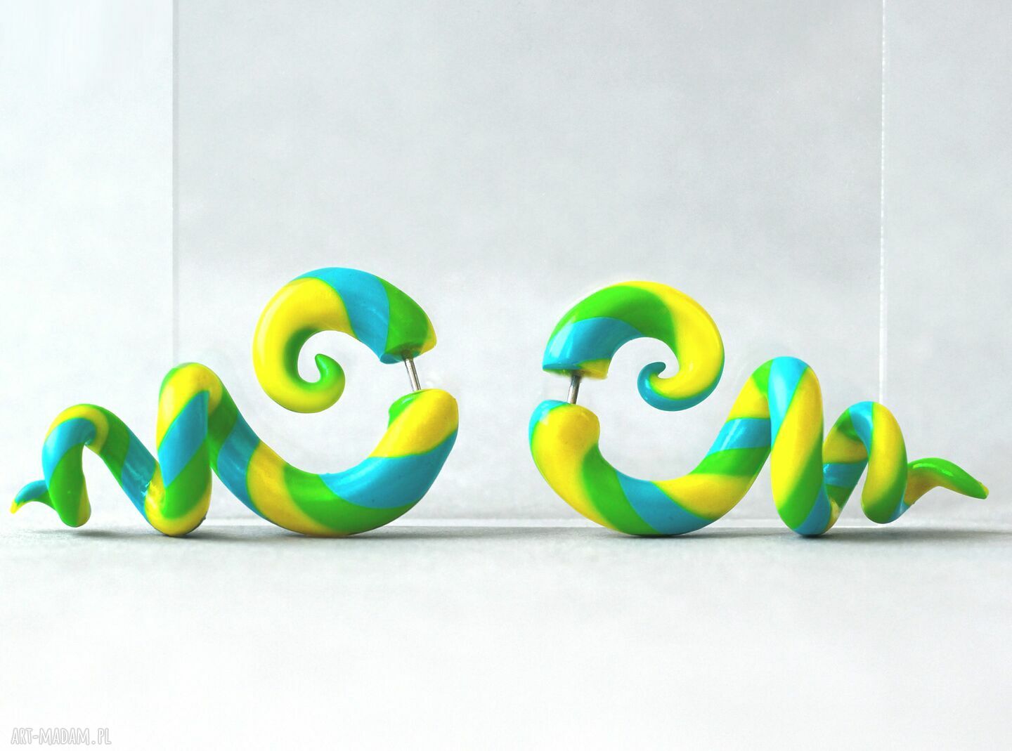 Kolorowe kolczyki spiralki żółto-niebieskie typu fake plug - handmade z srebrem 925