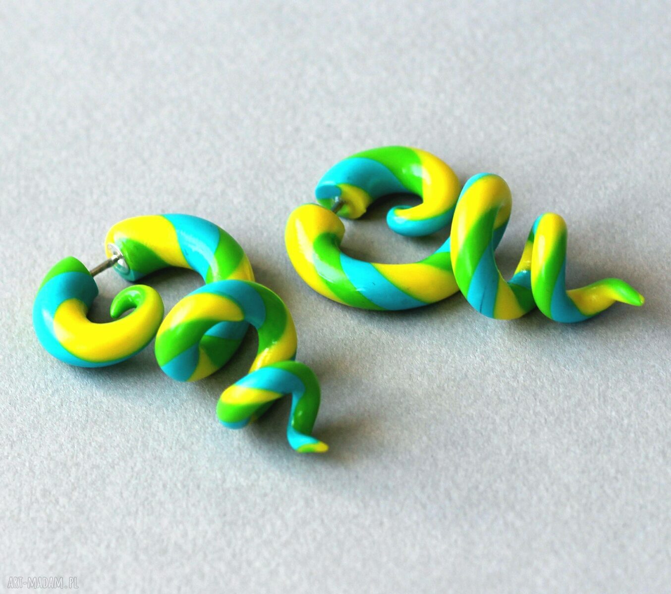 Kolorowe kolczyki spiralki żółto-niebieskie typu fake plug - handmade z srebrem 925