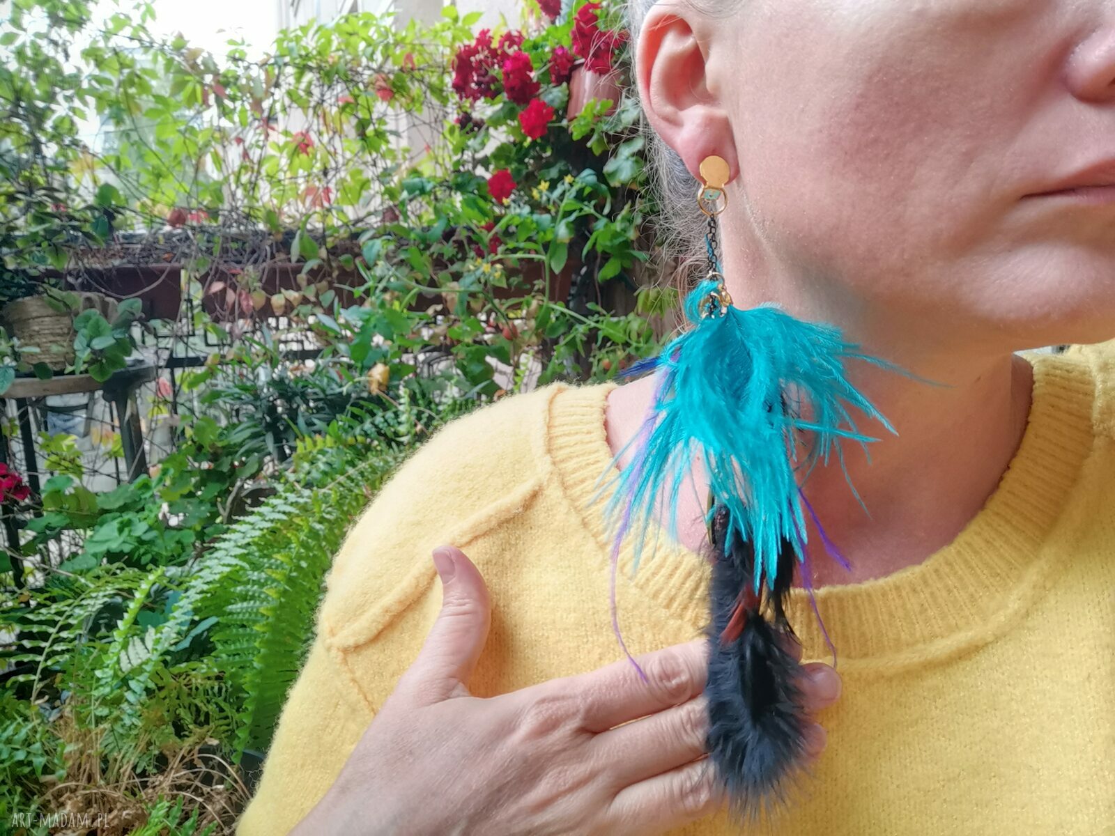 Kolorowe klipsy z piórami Boho Etno Folk - Frida