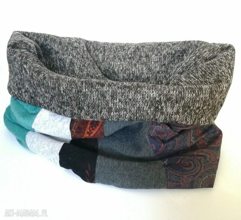 Kolorowy ciepły komin patchworkowy zimowy - boho handmade