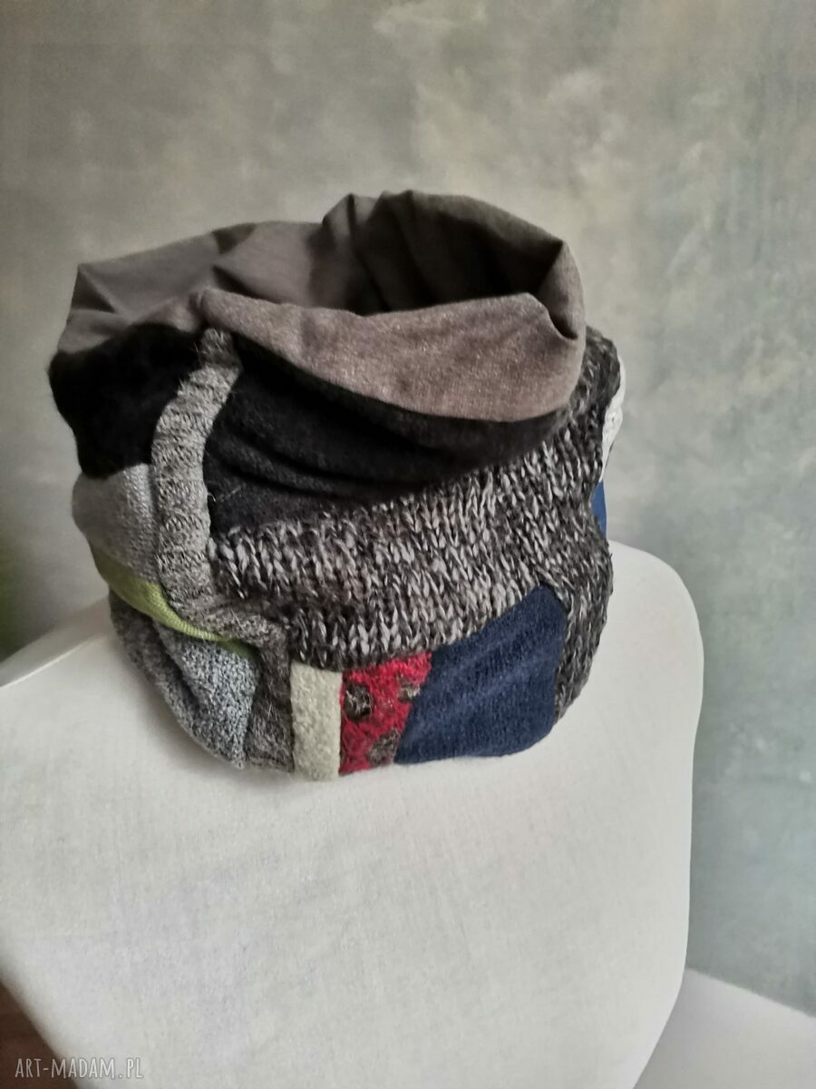Komin kolorowy one size patchworkowy Etno-Boho z frędzlami na podszewce