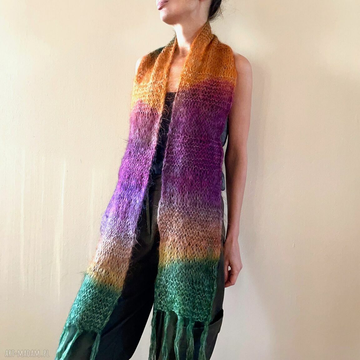 Kolorowy moherowy szalik wełniany ciepły i miękki dodatek handmade