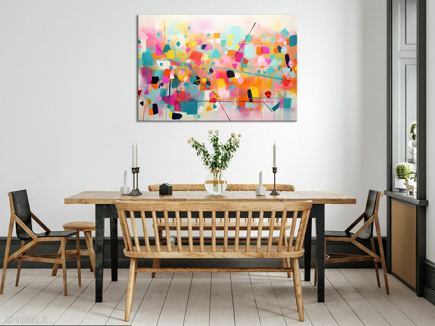 Kolorowy obraz abstrakcyjny 90x60 cm z żywą geometryczną abstrakcją