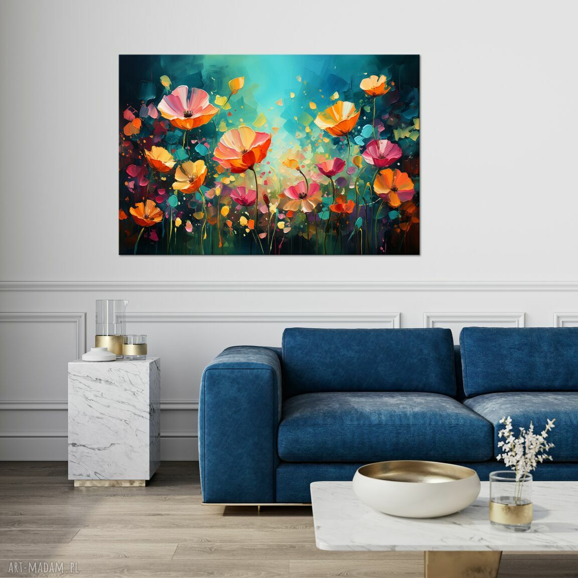 Kolorowy obraz łąka kwietna: abstrakcyjne kwiaty na płótnie 90x60 cm