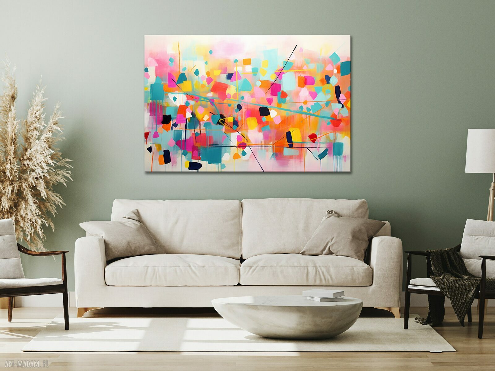 Kolorowy obraz abstrakcyjny 90x60 cm z żywą geometryczną abstrakcją