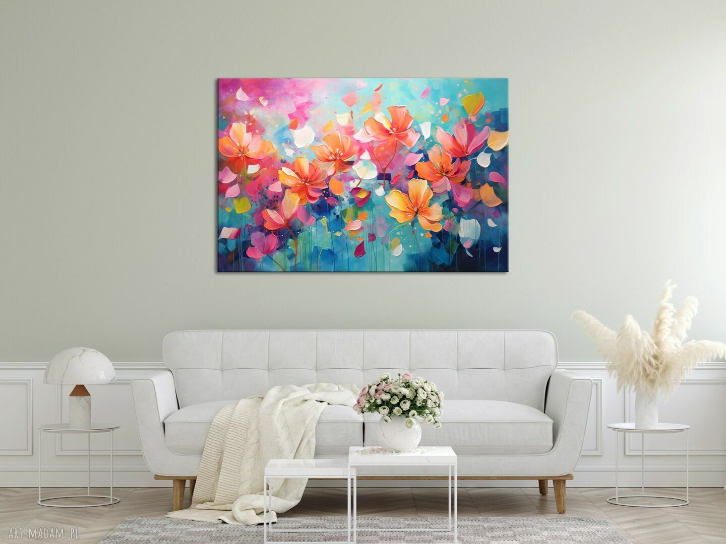 Kolorowy obraz z kwiatami - pozioma abstrakcja na płótnie 60x90 cm