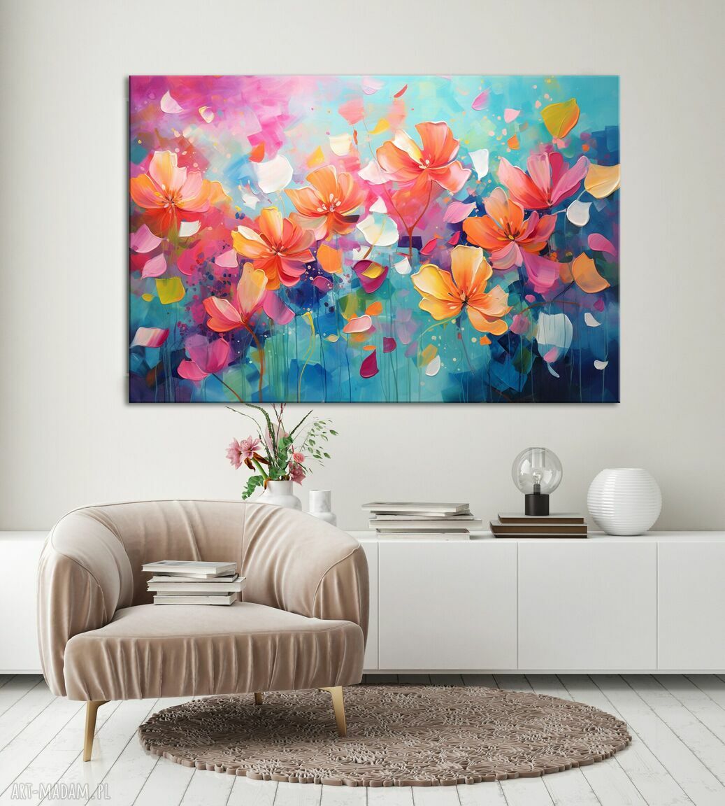 Kolorowy obraz z kwiatami - poziomy obraz do salonu 40x60 cm na płótnie