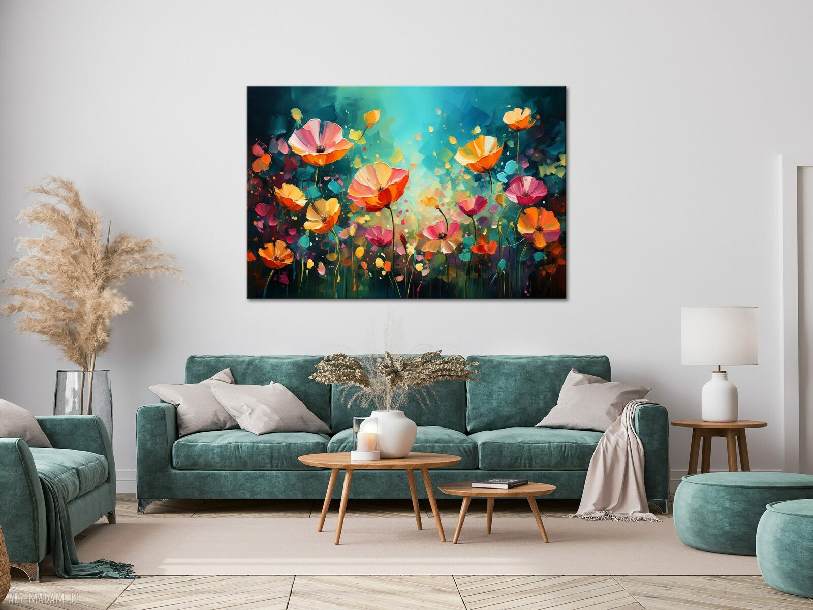 Kolorowy obraz łąka kwietna: abstrakcyjne kwiaty na płótnie 90x60 cm
