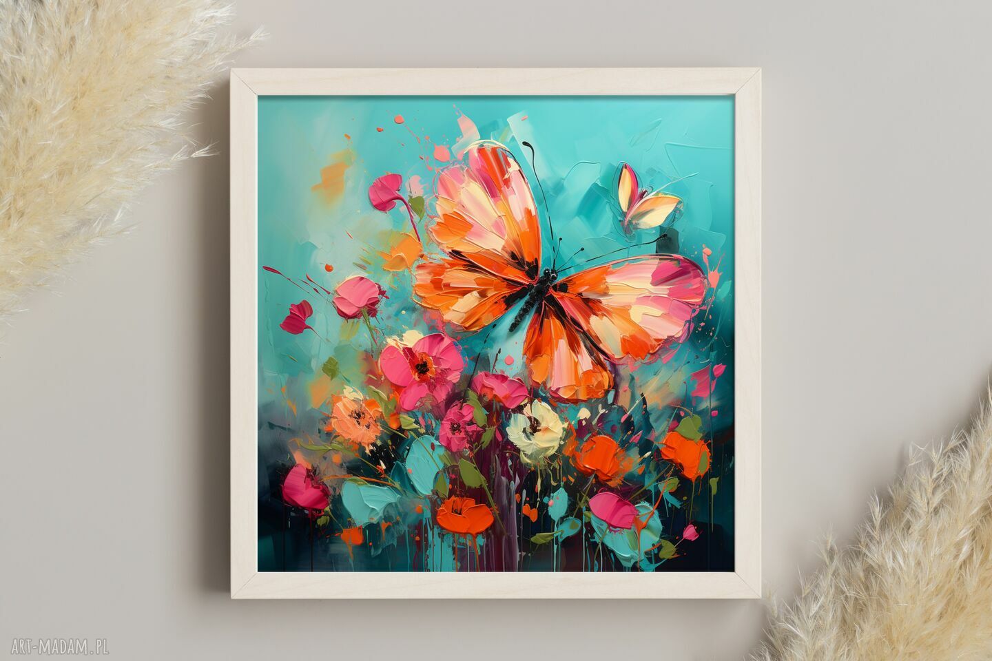 Kolorowy obraz z motylem - turkusowe kwiaty, wydruk 50x50 cm