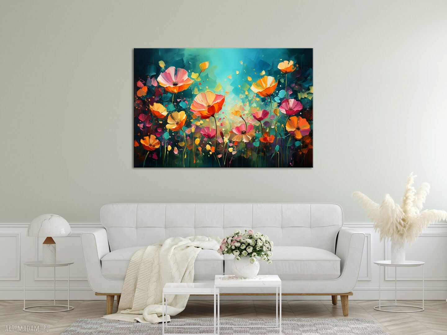 Kolorowy obraz łąka kwietna: abstrakcyjne kwiaty na płótnie 90x60 cm