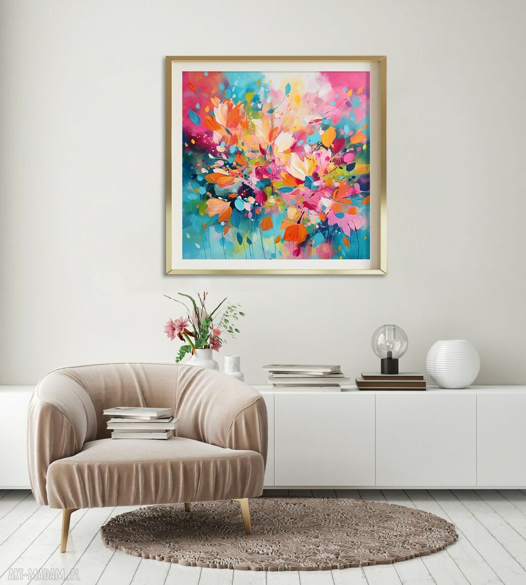 Kolorowy plakat abstrakcyjny 50x50 cm w turkusie, różu i pomarańczy
