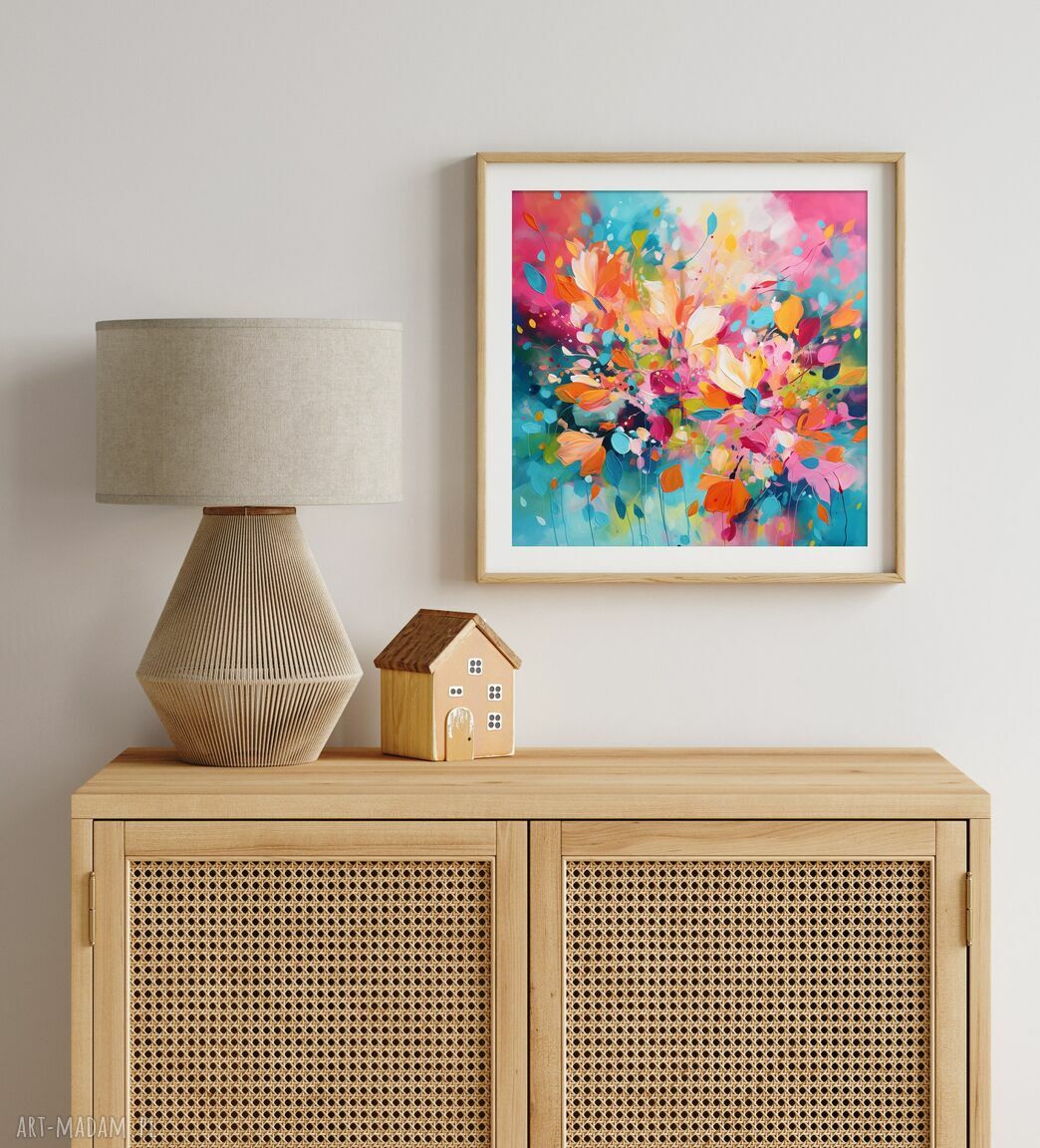 Kolorowy plakat abstrakcyjny 50x50 cm w turkusie, różu i pomarańczy