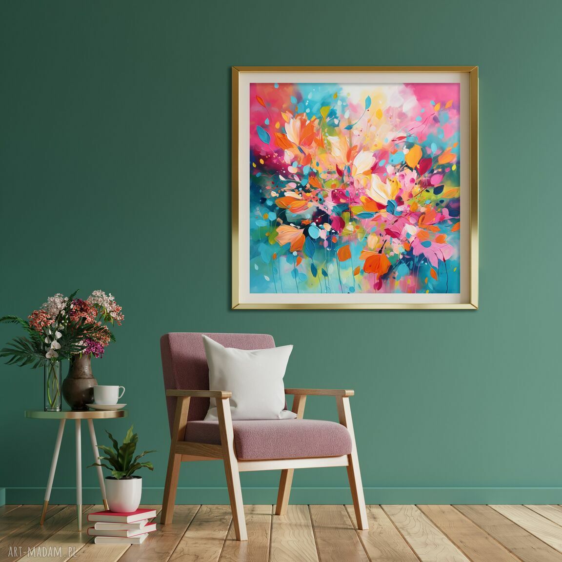 Kolorowy plakat abstrakcyjny 50x50 cm w turkusie, różu i pomarańczy