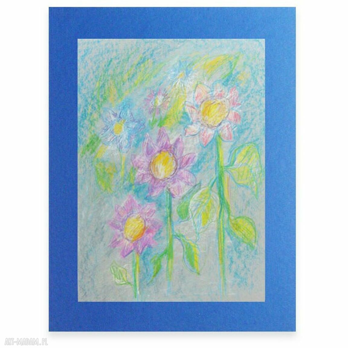 Kolorowy rysunek z kwiatkami - łąka na granatowym tle 30x40 cm