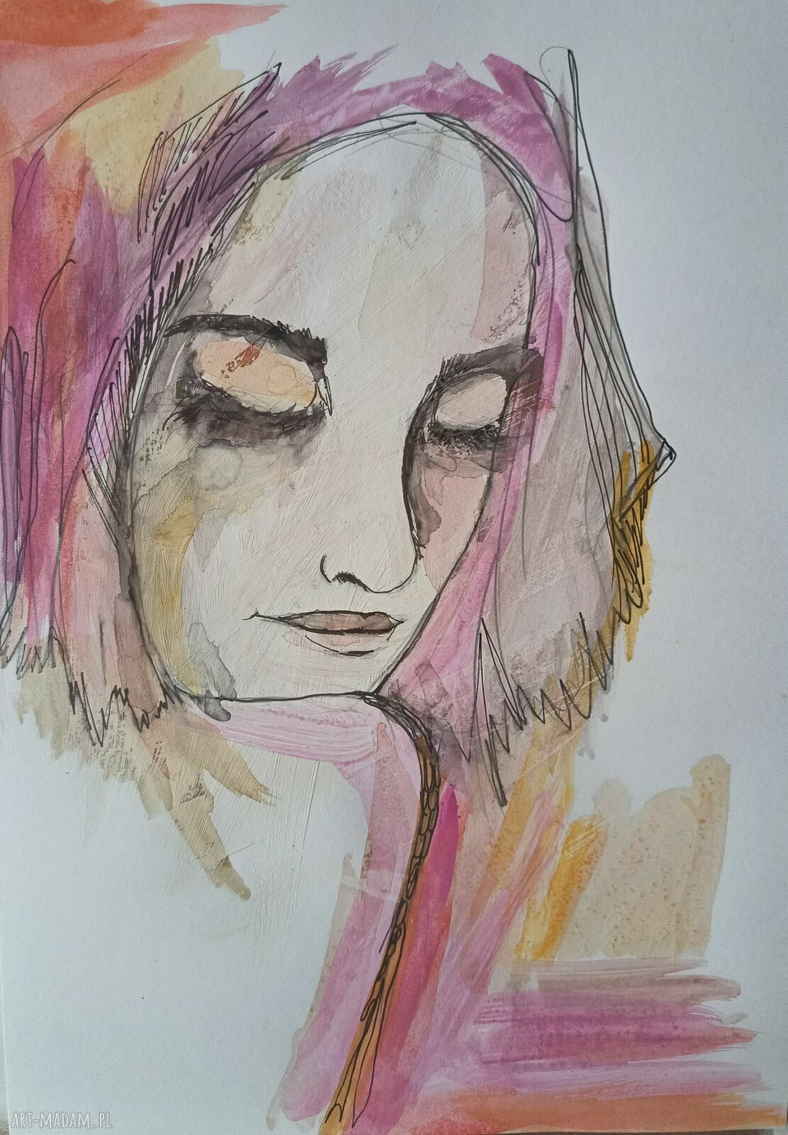 Kolorowy sen - autorski portret kobiety w technice mixed media