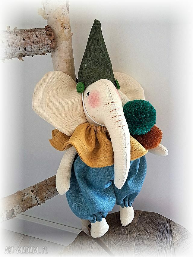 Kolorowy słonik maskotka handmade z lnu - 30 cm dla dzieci 3+