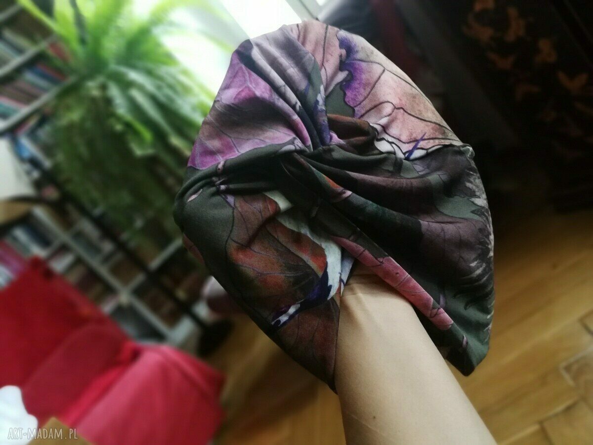 Kolorowy turban handmade - boho i etno w kwiatach, rozmiar uniwersalny