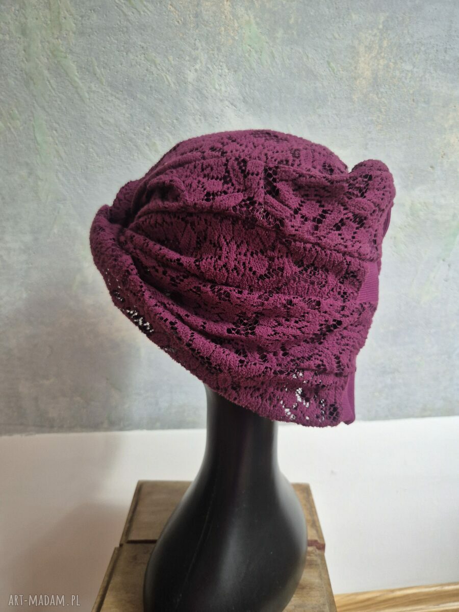 Turban boho etno - fioletowo-bordowy patchwork, uniwersalny rozmiar