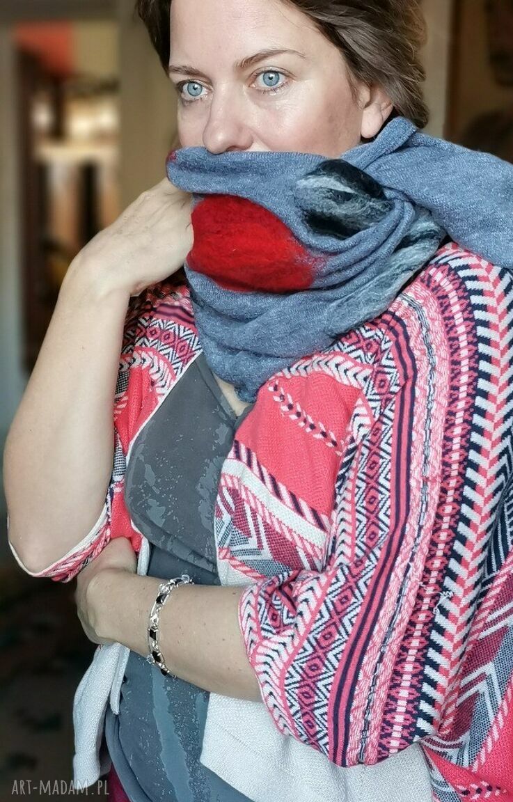 Etno-komin z wełny merynosów - szary boho, filcowana tuba na zimę (handmade)