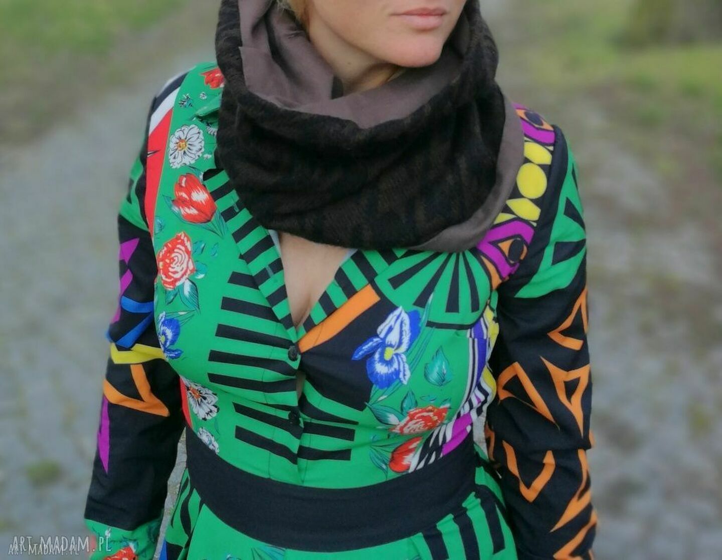 Brązowy komin we wzory unisex Box B1 - 36x50, dzianina swetrowa na podszewce