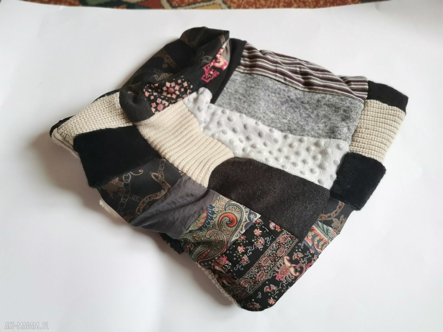 Duży komin patchworkowy etno boho na podszewce - ciepły i kolorowy