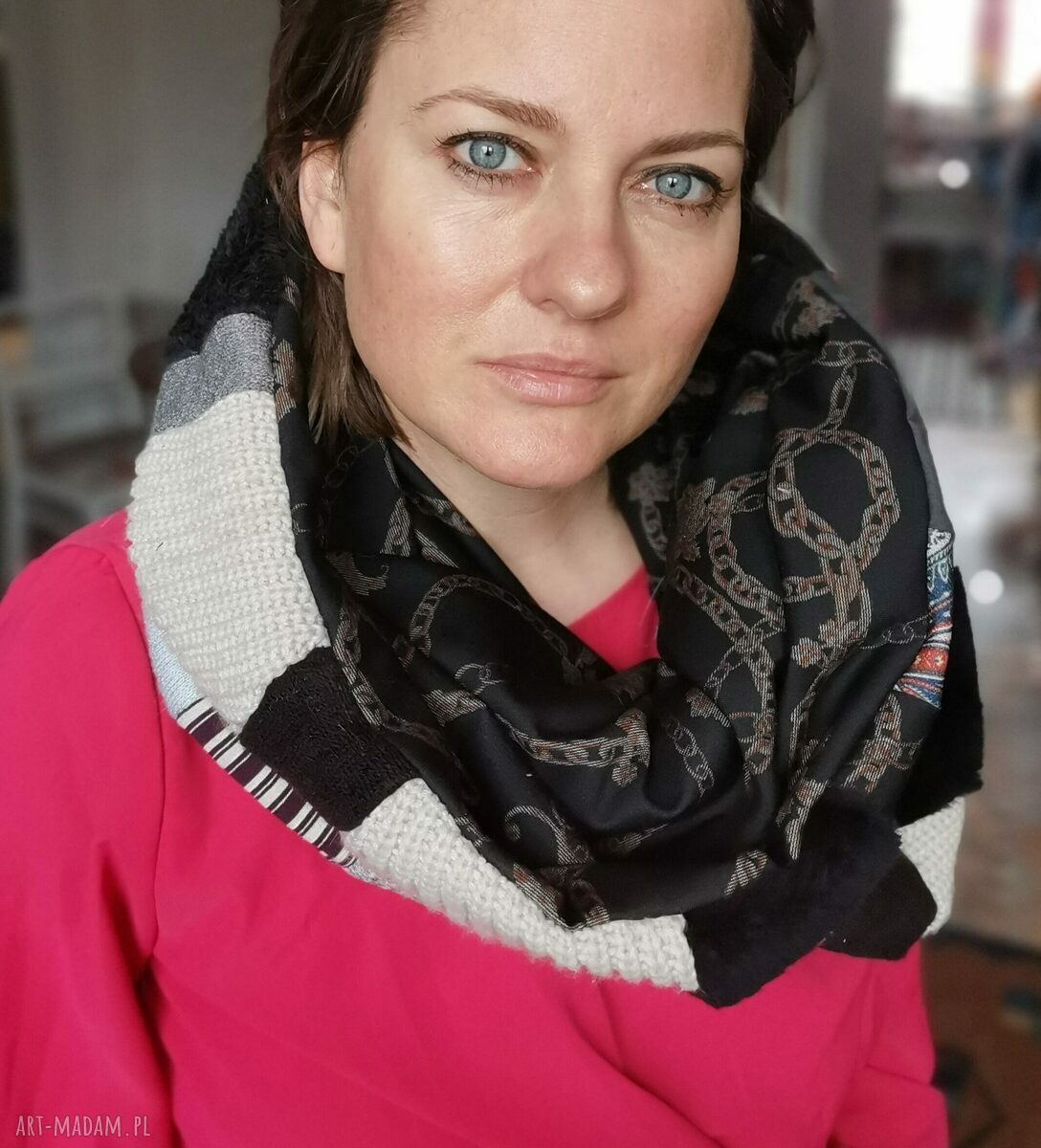 Duży komin patchworkowy etno boho na podszewce - ciepły i kolorowy