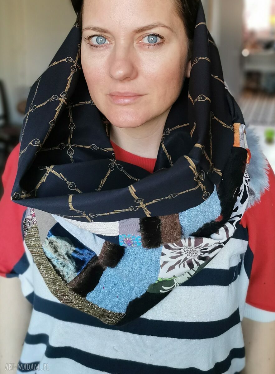 Duży komin patchworkowy etno boho na podszewce - ciepły i kolorowy