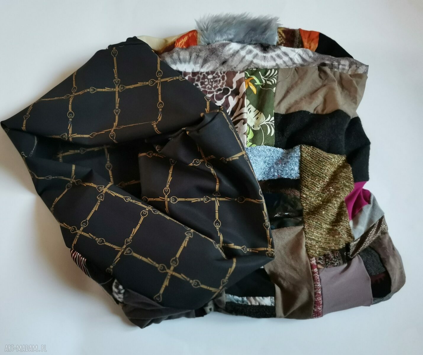 Duży komin patchworkowy etno boho na podszewce - ciepły i kolorowy