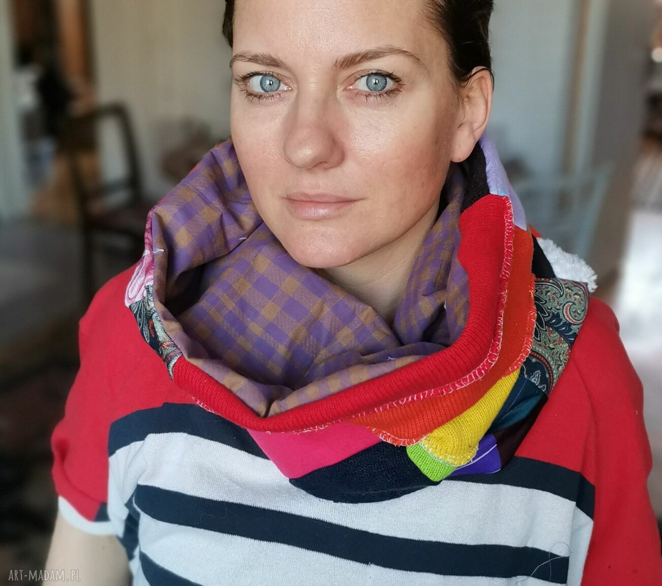 Duży komin patchworkowy etno boho na podszewce - ciepły i kolorowy