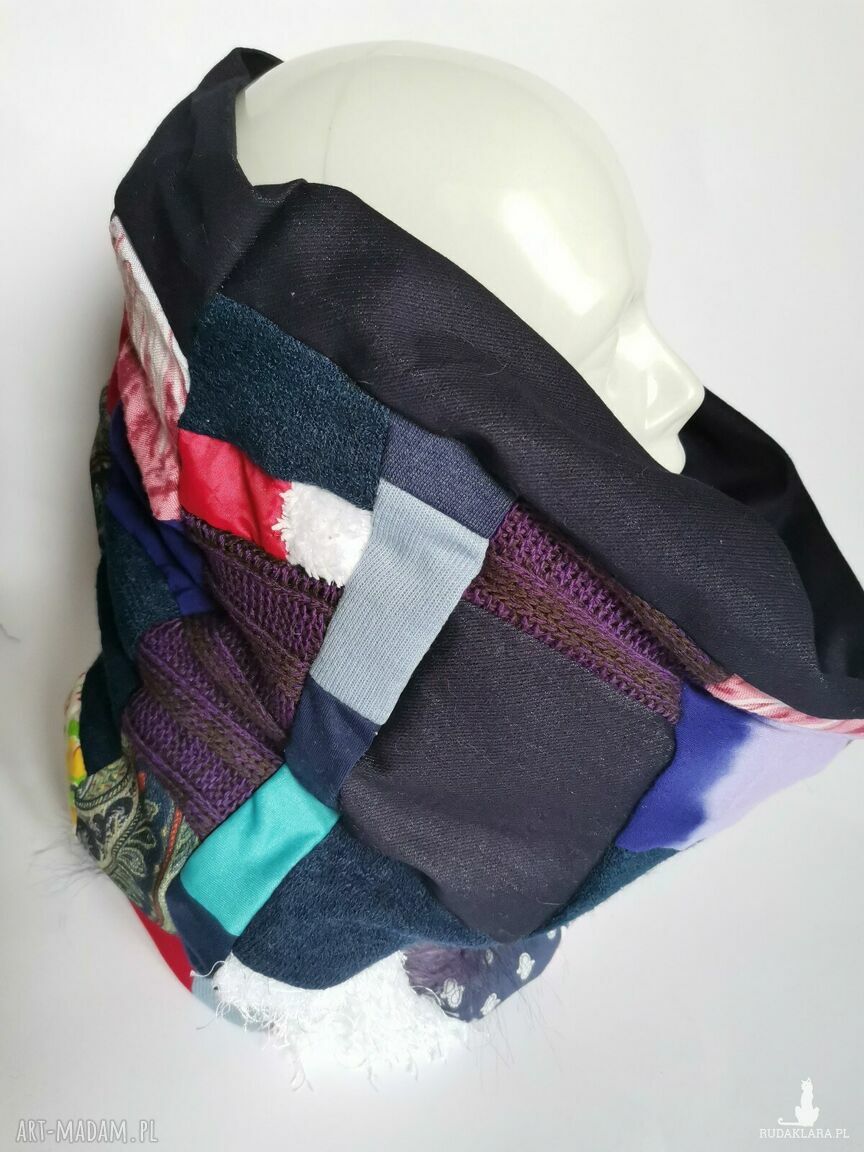 Duży komin patchworkowy etno boho z podszewką - ciepły i kolorowy