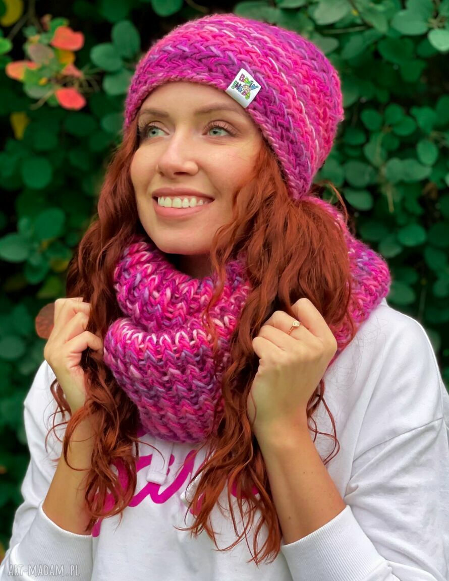 Ciepły komin handmade Luks Malina z wełną 15%