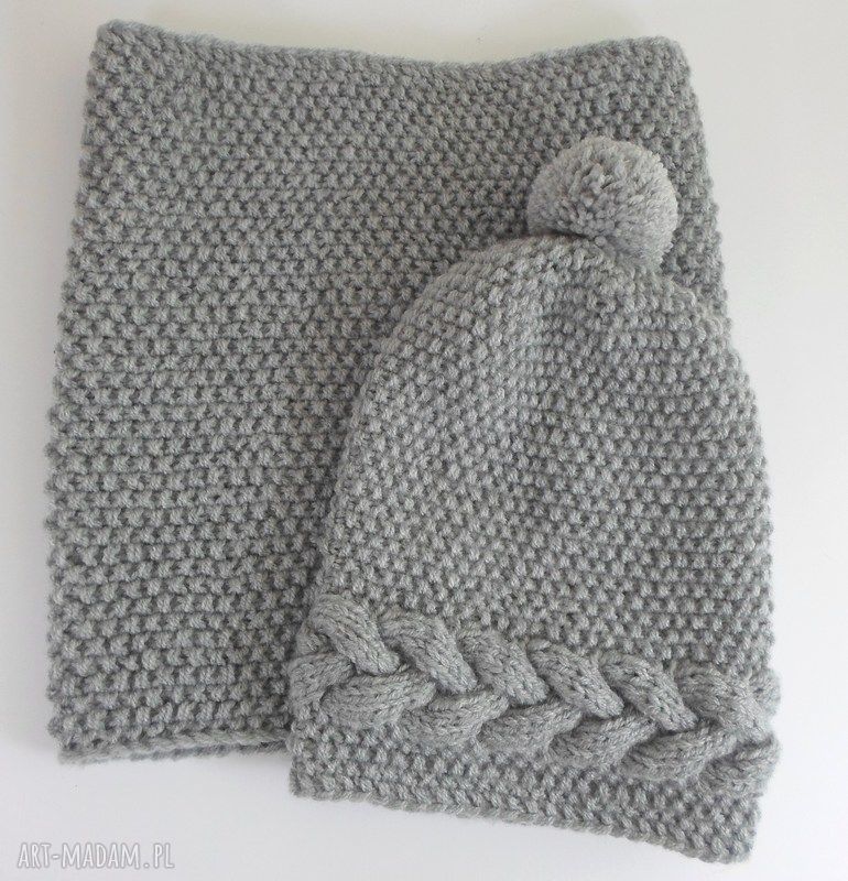 Komplet komin i czapka z warkoczem - beanie w kolorze popielatym