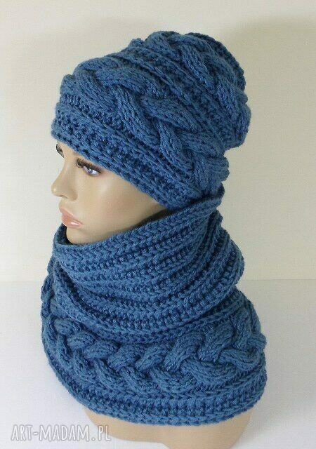 Komin i czapka z motywem podwójnego warkocza - morski komplet handmade
