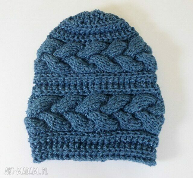 Komin i czapka z motywem podwójnego warkocza - morski komplet handmade