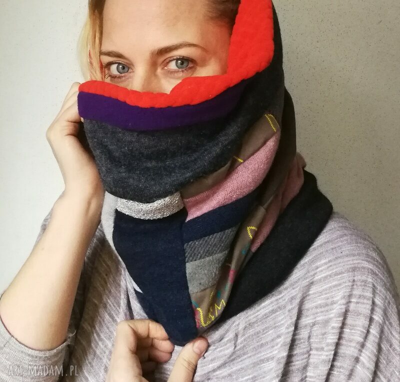 Kolorowy, ciepły komin patchworkowy Boho Etno - damski na podszewce (47 x 36 cm)