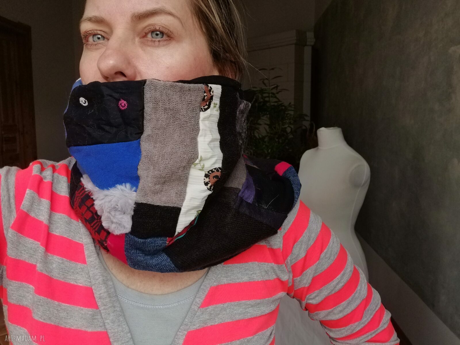 Komin miękki patchworkowy Ruda Klara - wiosenny boho z frędzlami