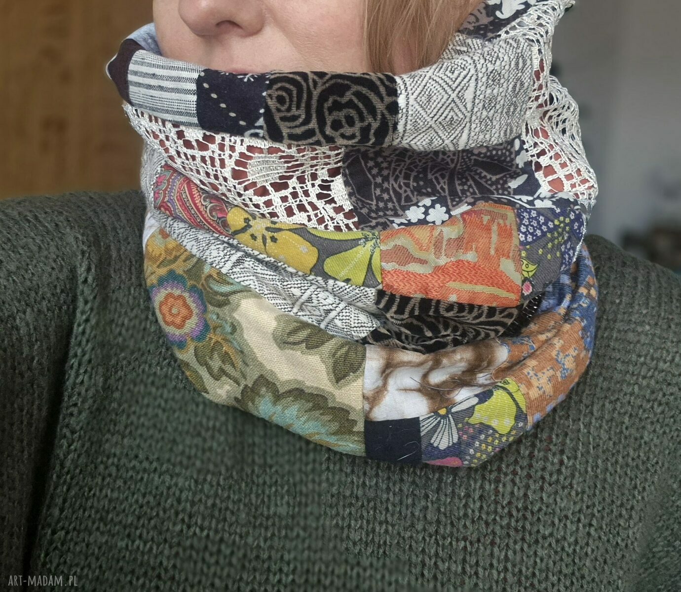 Miękki kolorowy komin patchworkowy damski - rozmiar 33 cm x 47 cm