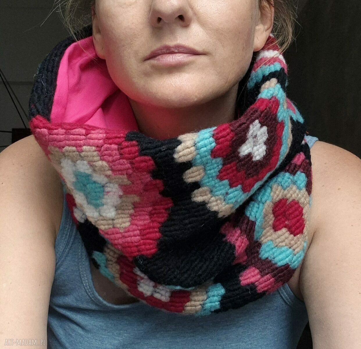 Miękki komin boho w kwiaty na podszewce - wkładany przez głowę
