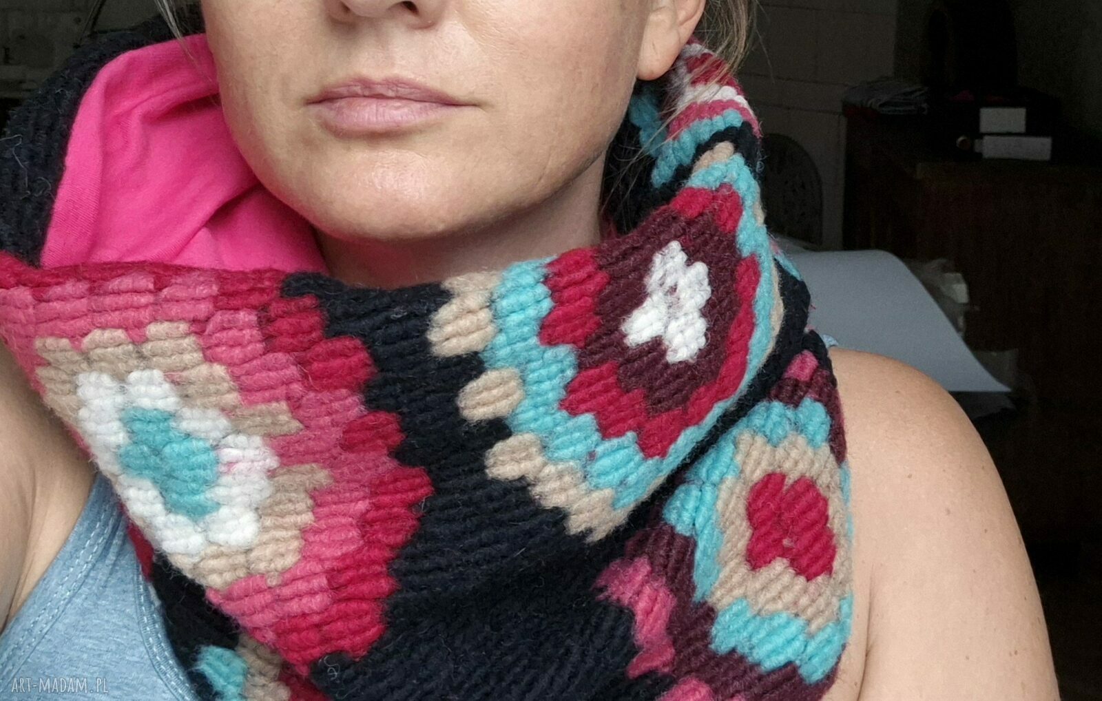 Miękki komin boho w kwiaty na podszewce - wkładany przez głowę