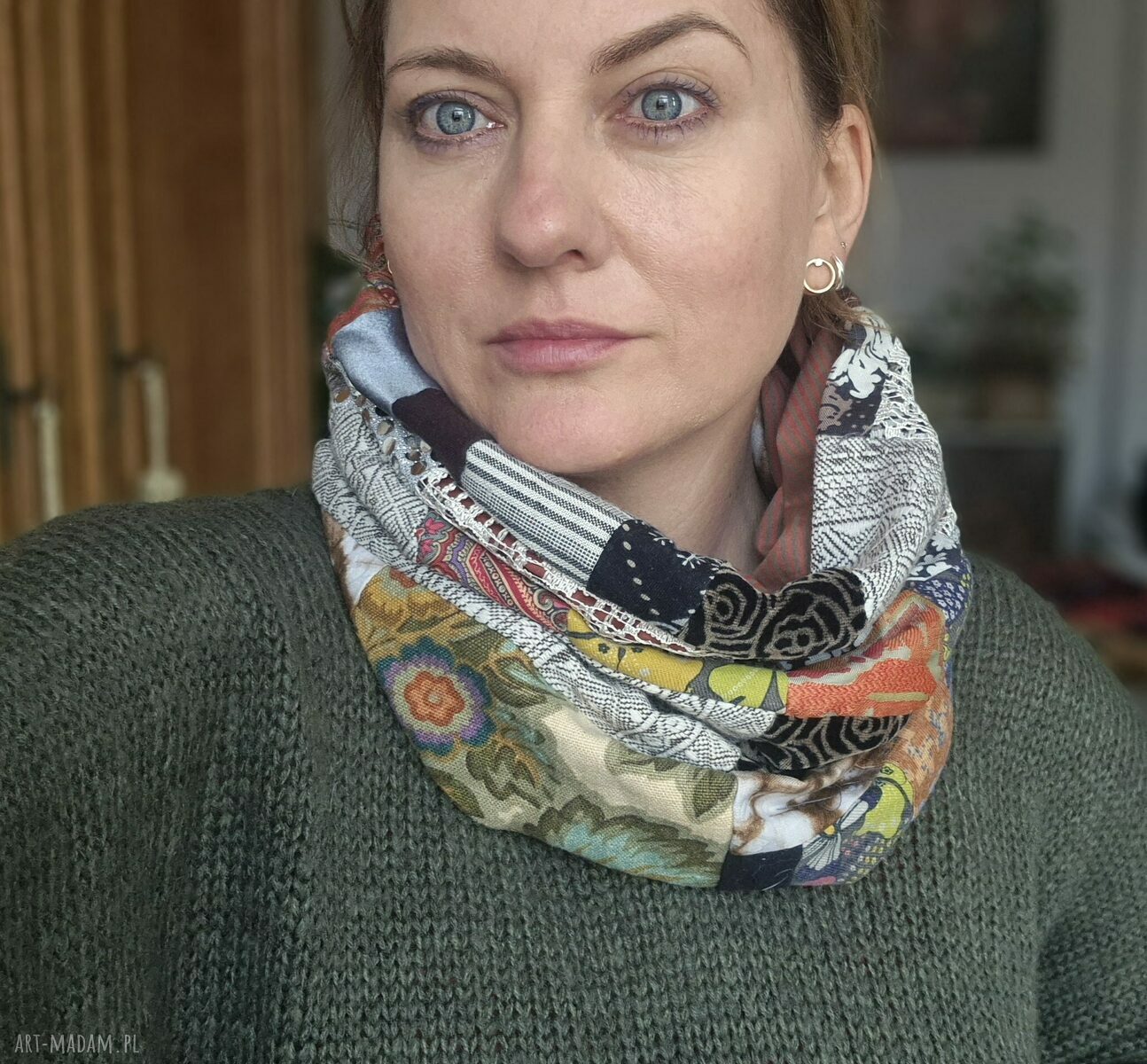 Miękki kolorowy komin patchworkowy damski - rozmiar 33 cm x 47 cm