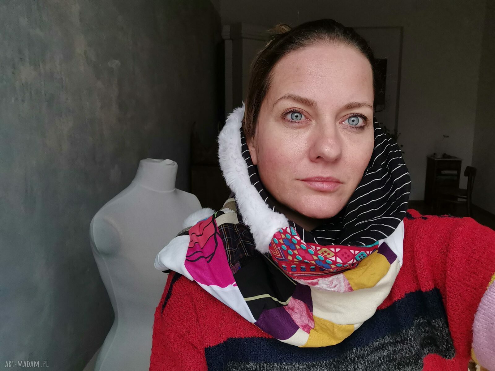 Komin one size patchworkowy etno boho na podszewce - kolorowy damski handmade