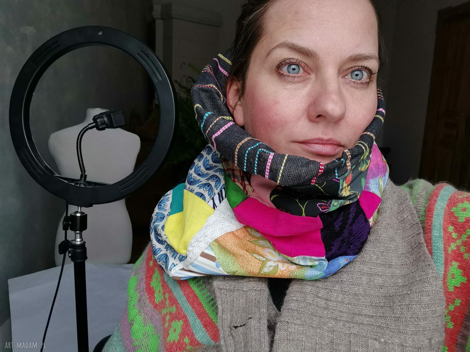 Kolorowy komin patchworkowy etno-boho na podszewce - damski one size
