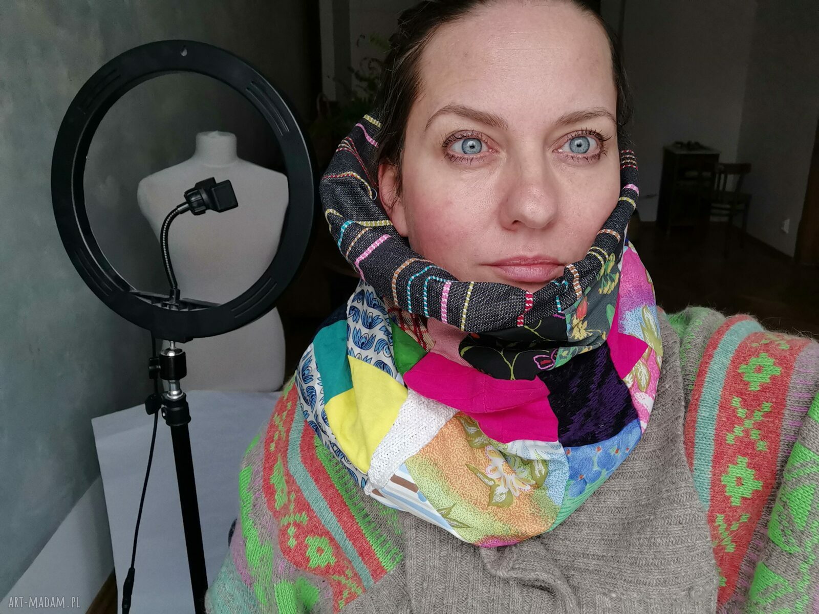 Kolorowy komin patchworkowy etno-boho na podszewce - damski one size
