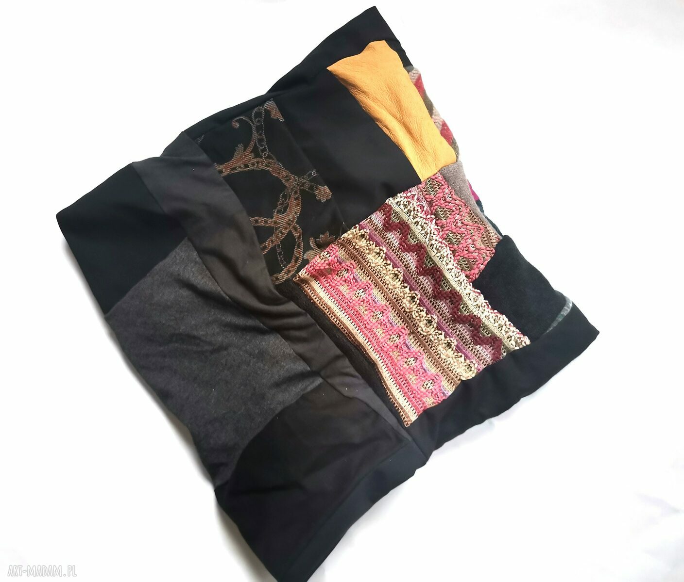 Komin oversize patchworkowy Etno Boho na podszewce - kolorowy komin z frędzlami