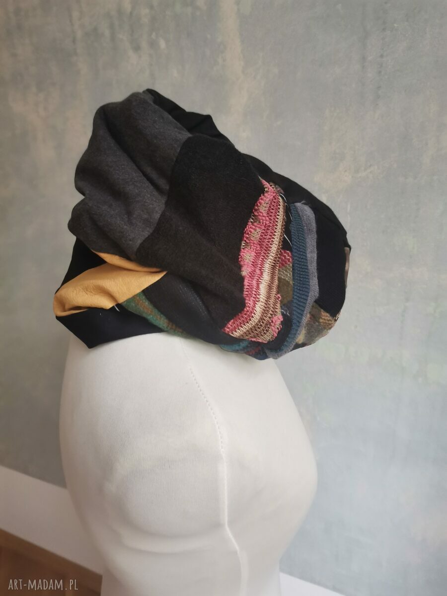 Komin oversize patchworkowy Etno Boho na podszewce - kolorowy komin z frędzlami