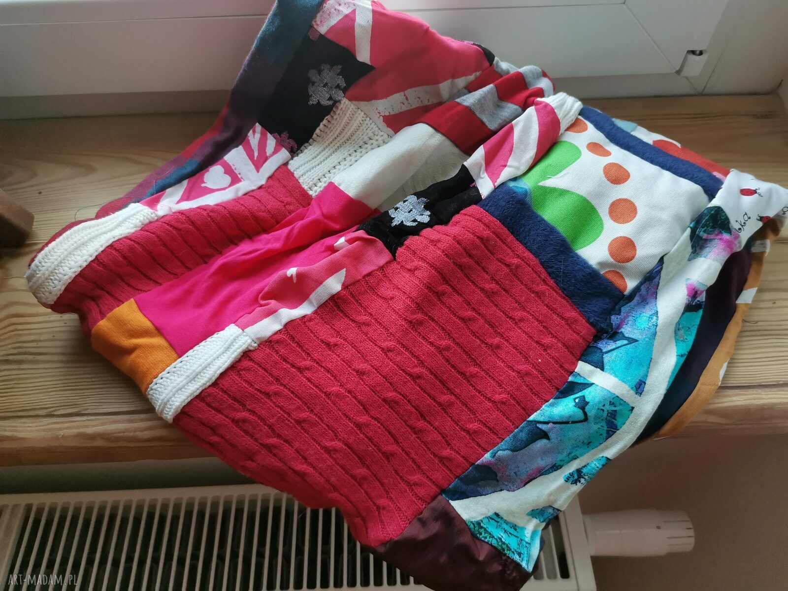 Kolorowy komin oversize patchworkowy etno boho z frędzlami na podszewce