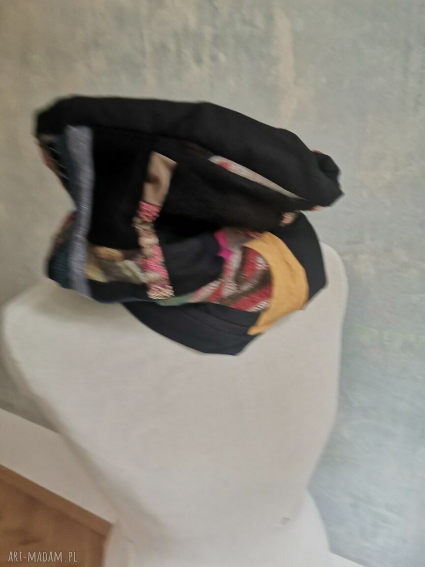 Komin oversize patchworkowy Etno Boho na podszewce - kolorowy komin z frędzlami