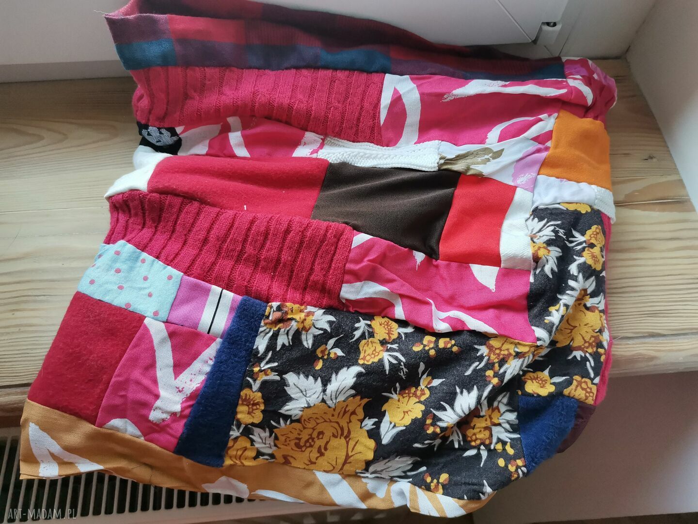 Kolorowy komin oversize patchworkowy etno boho z frędzlami na podszewce